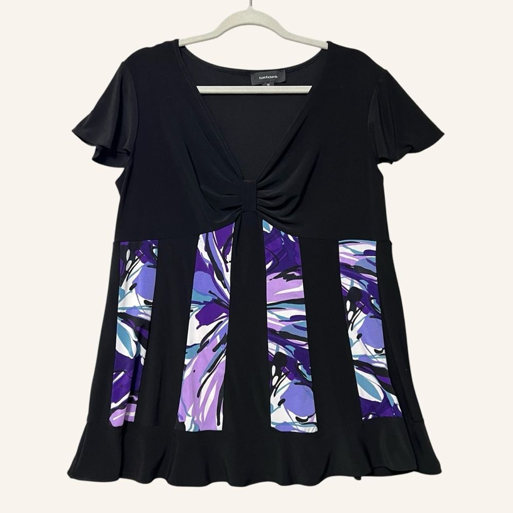 Vintage R&M Richards 90s Blouse Size 16 Gathered Empire Waist Black Purple